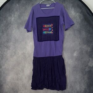 Johnny Was Purple Midi Dress with Colorful Fish Embroidery and Sheer Skirt